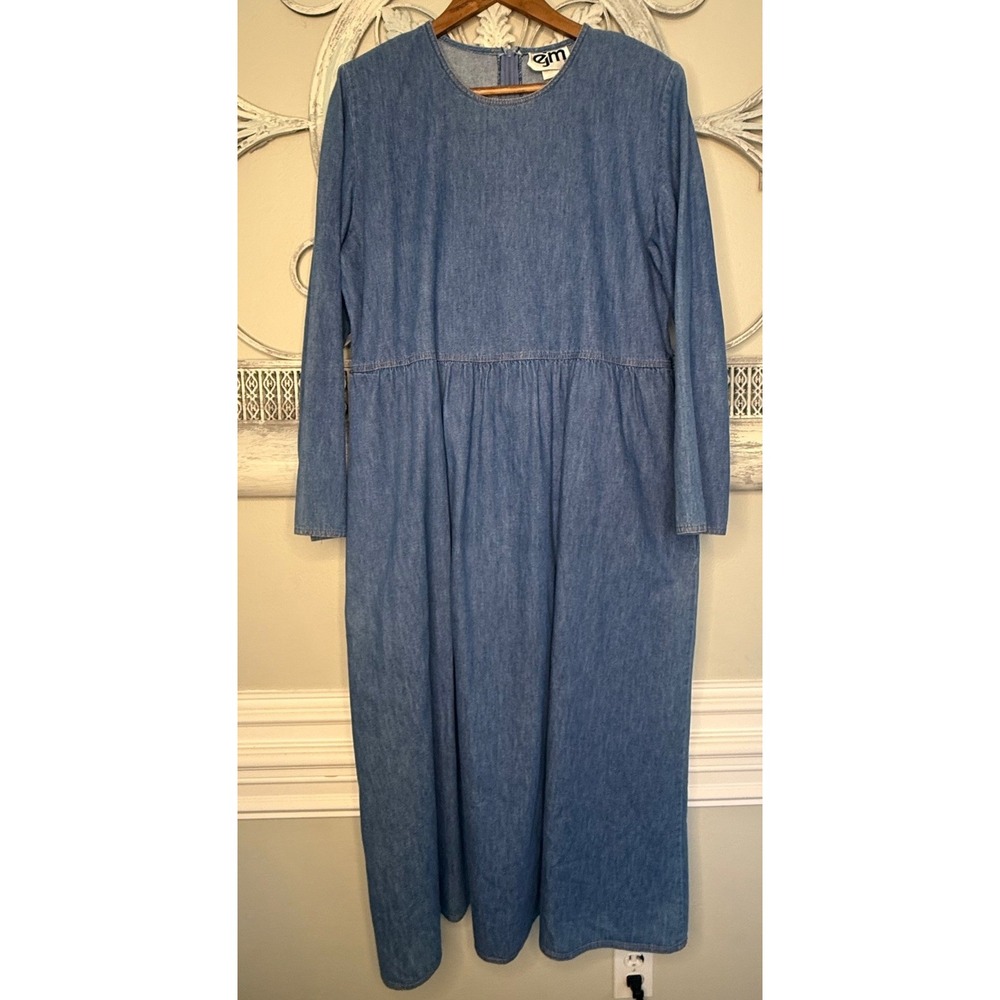 Vintage 80s EJM Denim Maxi Dress Long Sleeve Cotton Blue 16 Made in USA